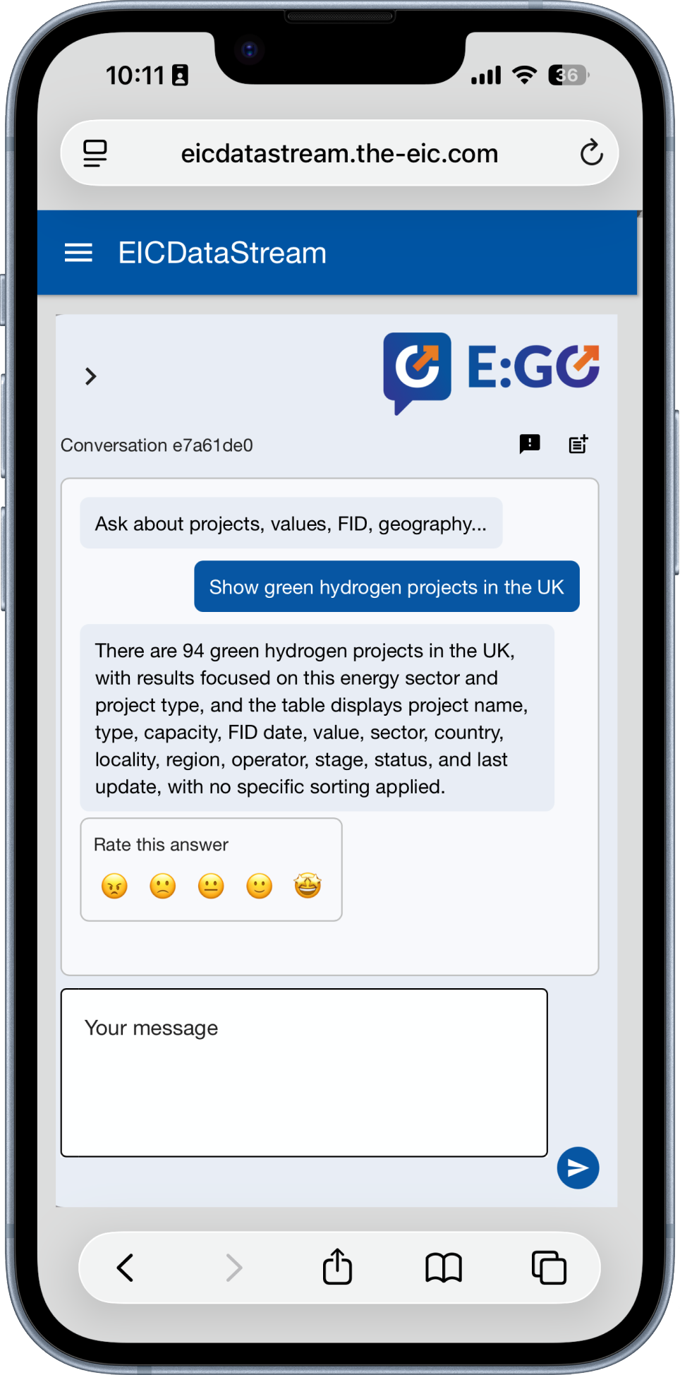 E:GO conversation on mobile showing a follow-up question and answer about green hydrogen projects